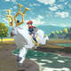 Rei riding a Wyrdeer in Pokémon Legends: Arceus